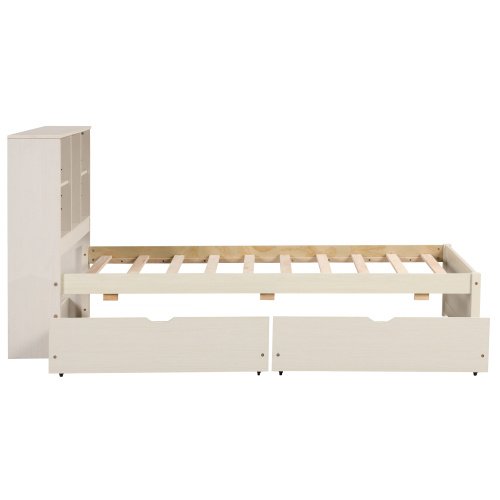 Modern Twin Size Bed Frame With Built-in USB Port On Bookcase Headboard And 2 Drawers For White Washed Color - Image 2