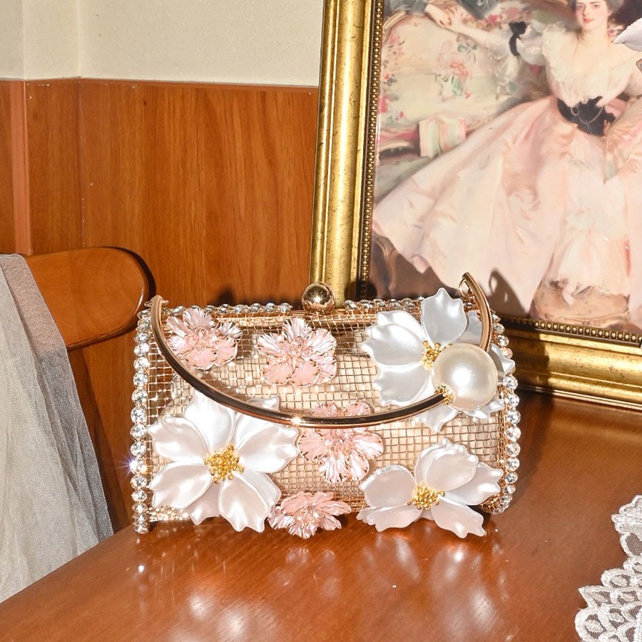 French-style Metal Flower Clutch With Diamonds And Pearls - Image 5