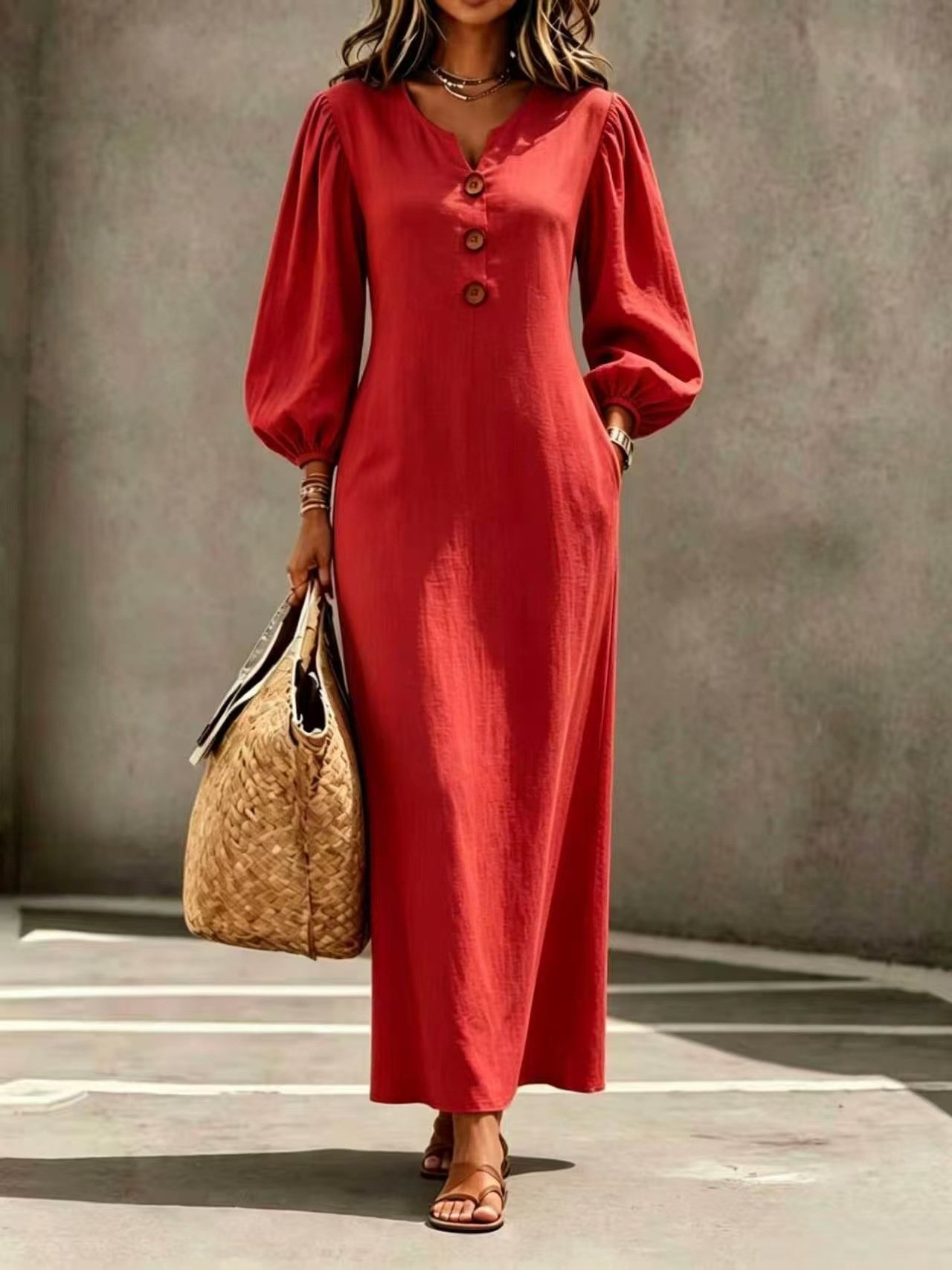 V-neck Buttoned Long Dress - Image 7