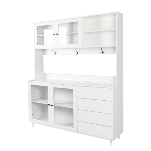 63W Large Kitchen Hutch Cabinet, Freestanding Pantry Cabinets Storage Kitchen Cupboard With 4 Doors, 4 Drawers & Microwave Shelf, White - Image 2