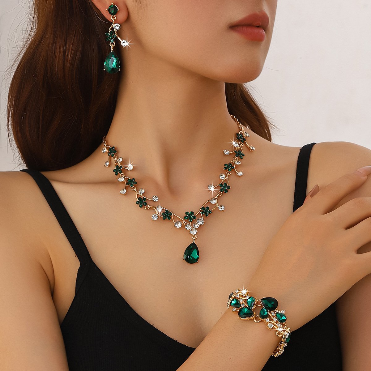 Vintage Leaf Floral Paved Cubic Zirconia Jewelry Set, Elegant Unique Premium Accessories For Evening Party Formal Gowns Women - Image 6