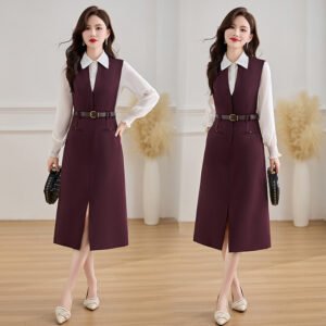 Long-sleeve Shirt And Vest Dress Two-piece Set