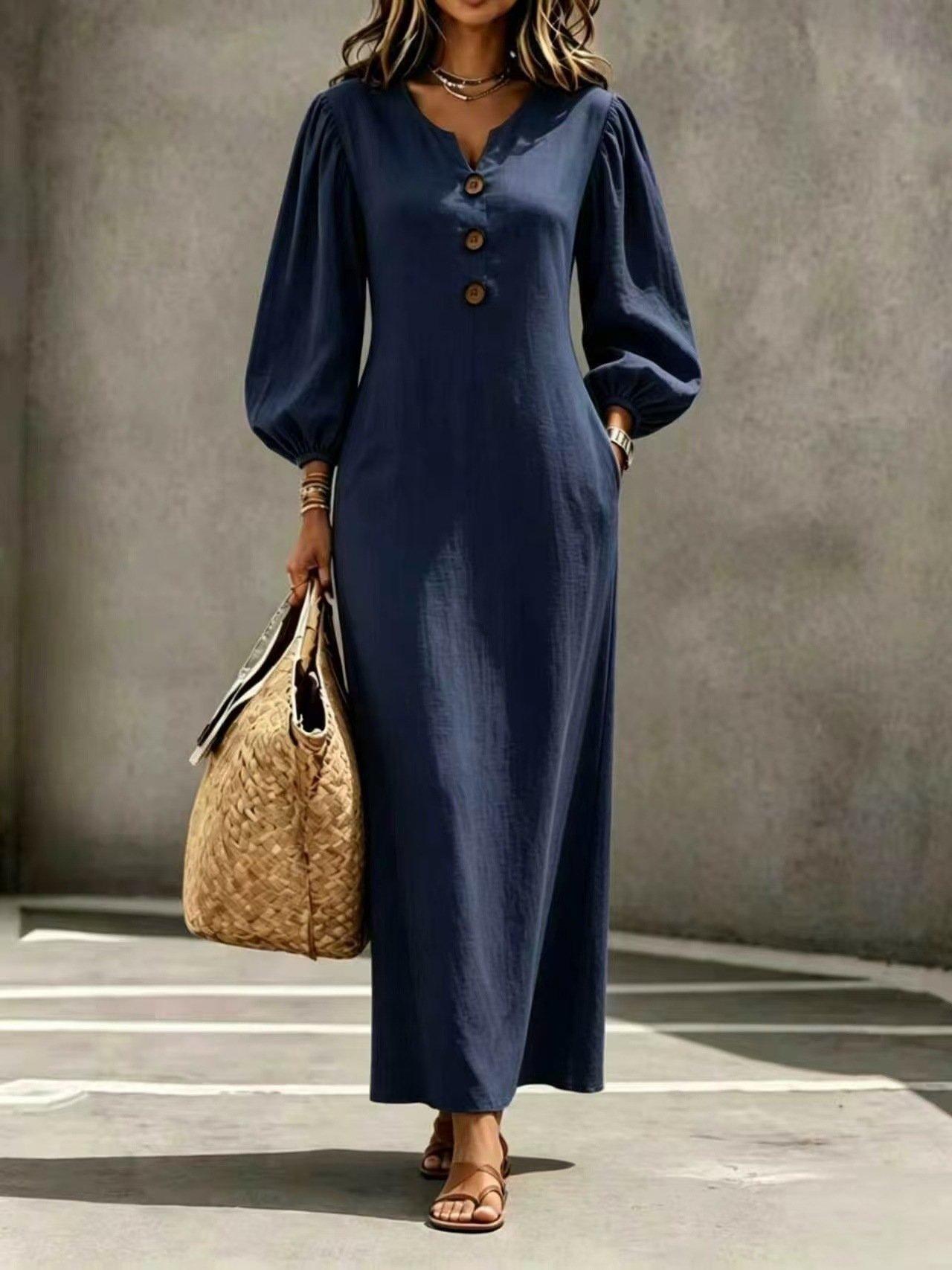 V-neck Buttoned Long Dress - Image 9