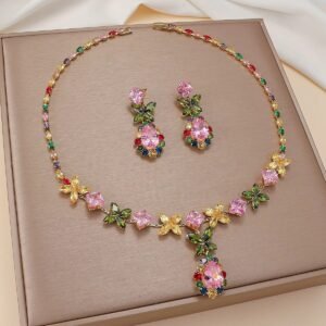 European And American Cross-Border Dress Accessories With Necklace Set, Light Luxury Pink Zircon Earrings And Necklace Two-Piece Jewelry Set