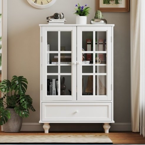 Minimalist White Buffet Cabinet With Double Glass Doors And Drawer, Modern Wooden Storage Sideboard Cupboard For Living Room, Dining Room Hallway Entryway - Image 4