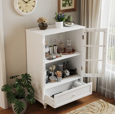 Minimalist White Buffet Cabinet With Double Glass Doors And Drawer, Modern Wooden Storage Sideboard Cupboard For Living Room, Dining Room Hallway Entryway - Image 3