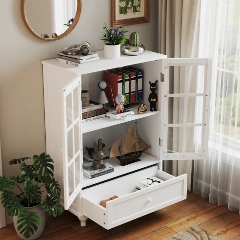 Minimalist White Buffet Cabinet With Double Glass Doors And Drawer, Modern Wooden Storage Sideboard Cupboard For Living Room, Dining Room Hallway Entryway - Image 7