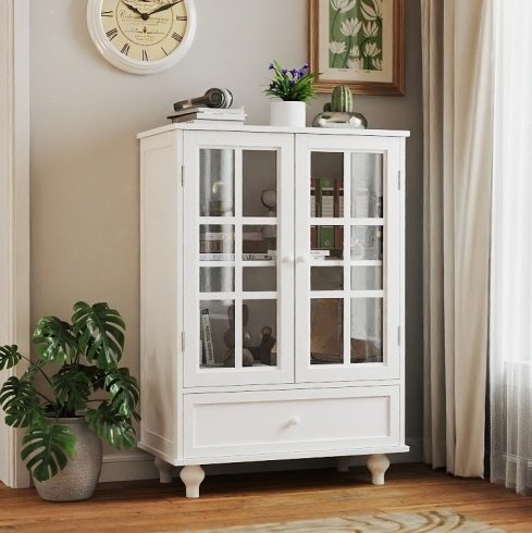 Minimalist White Buffet Cabinet With Double Glass Doors And Drawer, Modern Wooden Storage Sideboard Cupboard For Living Room, Dining Room Hallway Entryway - Image 2