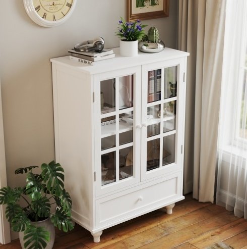 Minimalist White Buffet Cabinet With Double Glass Doors And Drawer, Modern Wooden Storage Sideboard Cupboard For Living Room, Dining Room Hallway Entryway - Image 6