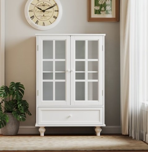 Minimalist White Buffet Cabinet With Double Glass Doors And Drawer, Modern Wooden Storage Sideboard Cupboard For Living Room, Dining Room Hallway Entryway - Image 5