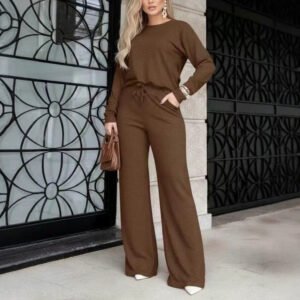 Long-sleeve Casual Loungewear Set With Loose-fitting Wide-leg Pants