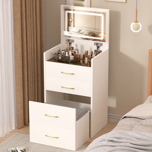 3 In 1 Vanity Desk With Open Top Mirror,Small Make Up Vanity Set With Visible Glass Desktop,Compact Makeup Vanity With 3 Drawers,Dressing Table For Bedroom - Image 7