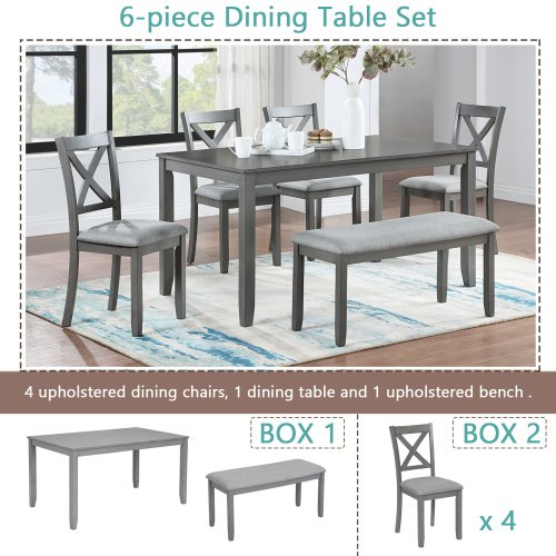 6 Piece Kitchen Dining Set, Rectangular Wooden Dining Table With 4 Upholstered Chairs And A Bench, Dining Table Set For 6 People, Living Room, Home Bar And Kitchen, Gray - Image 5