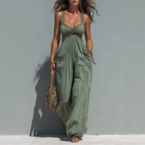 Womens Solid-color Strapless Sleeveless Jumpsuit
