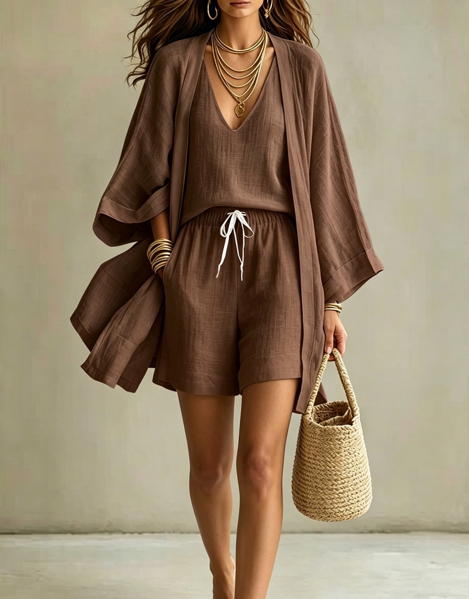 Womens Casual Three-piece Set Cropped-sleeve Cardigan Sleeveless Vest And Shorts - Image 10