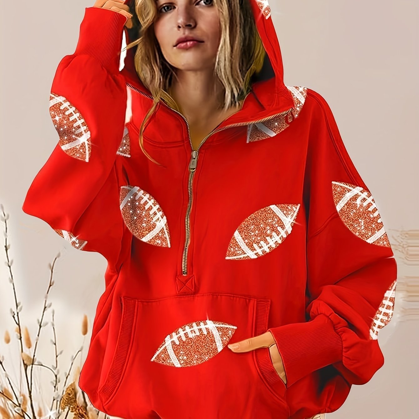 Cross-border European Style Women's Soccer Digital Printed Hooded Sweatshirt With Long Sleeves And Zipper Collar, Pullover For Women - Image 9
