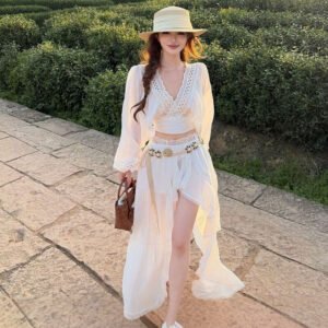 Bohemian-style White Lace Hollow-out Two-piece Set