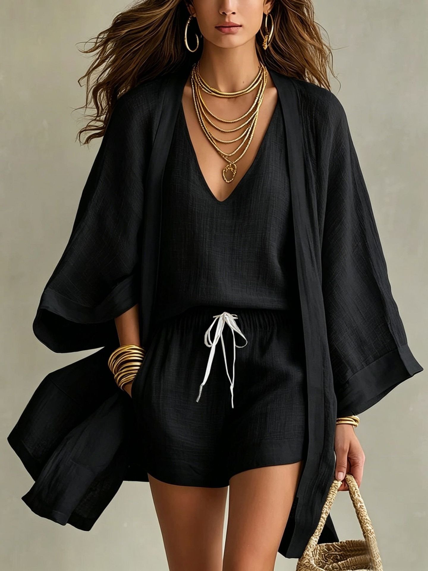 Womens Casual Three-piece Set Cropped-sleeve Cardigan Sleeveless Vest And Shorts - Image 4