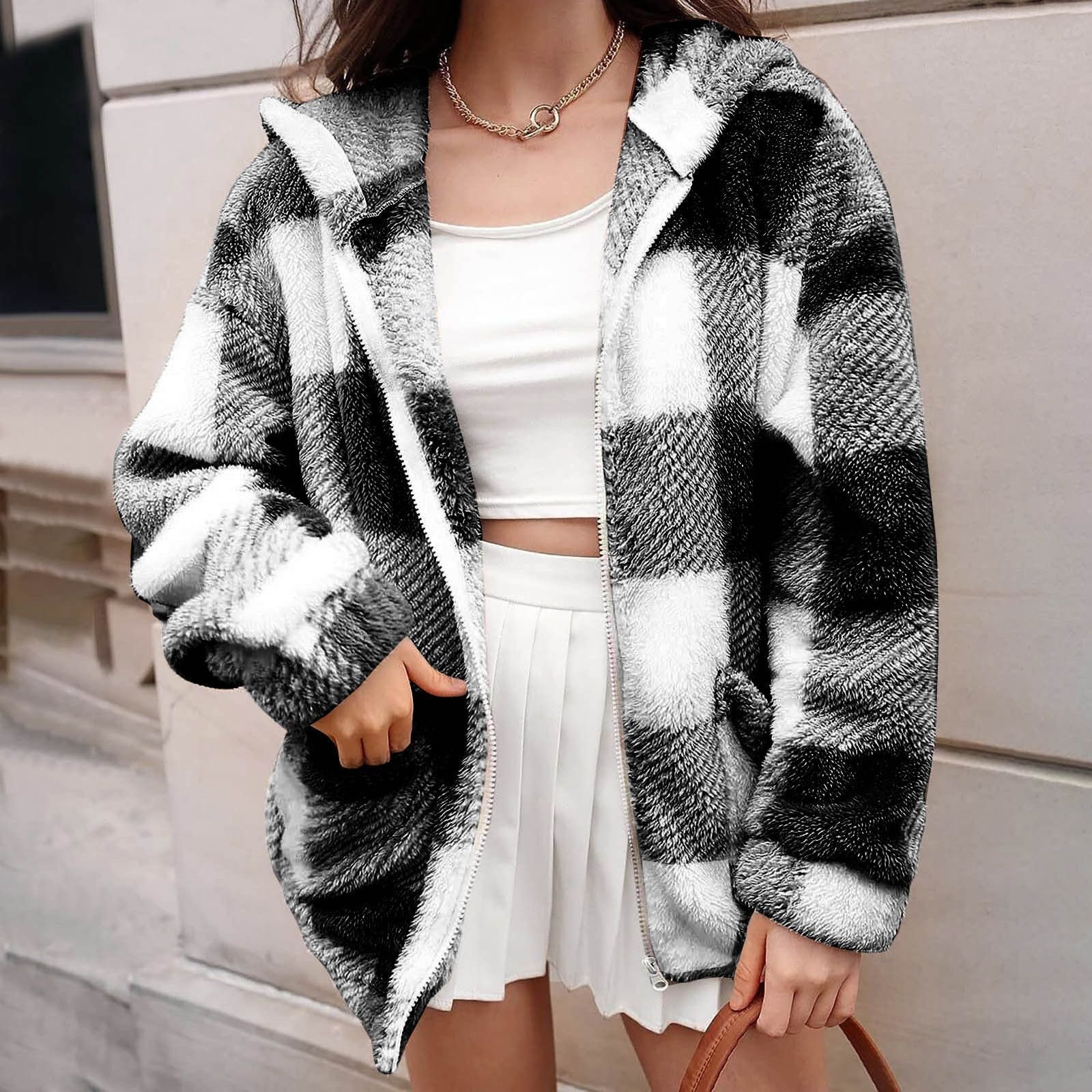 Womens Plaid Loose-fit Casual Long-sleeve Hooded Jacket - Image 4