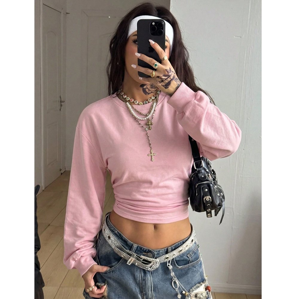 Women's Short Slim-fit Round-neck Solid-color Hoodie - Image 4