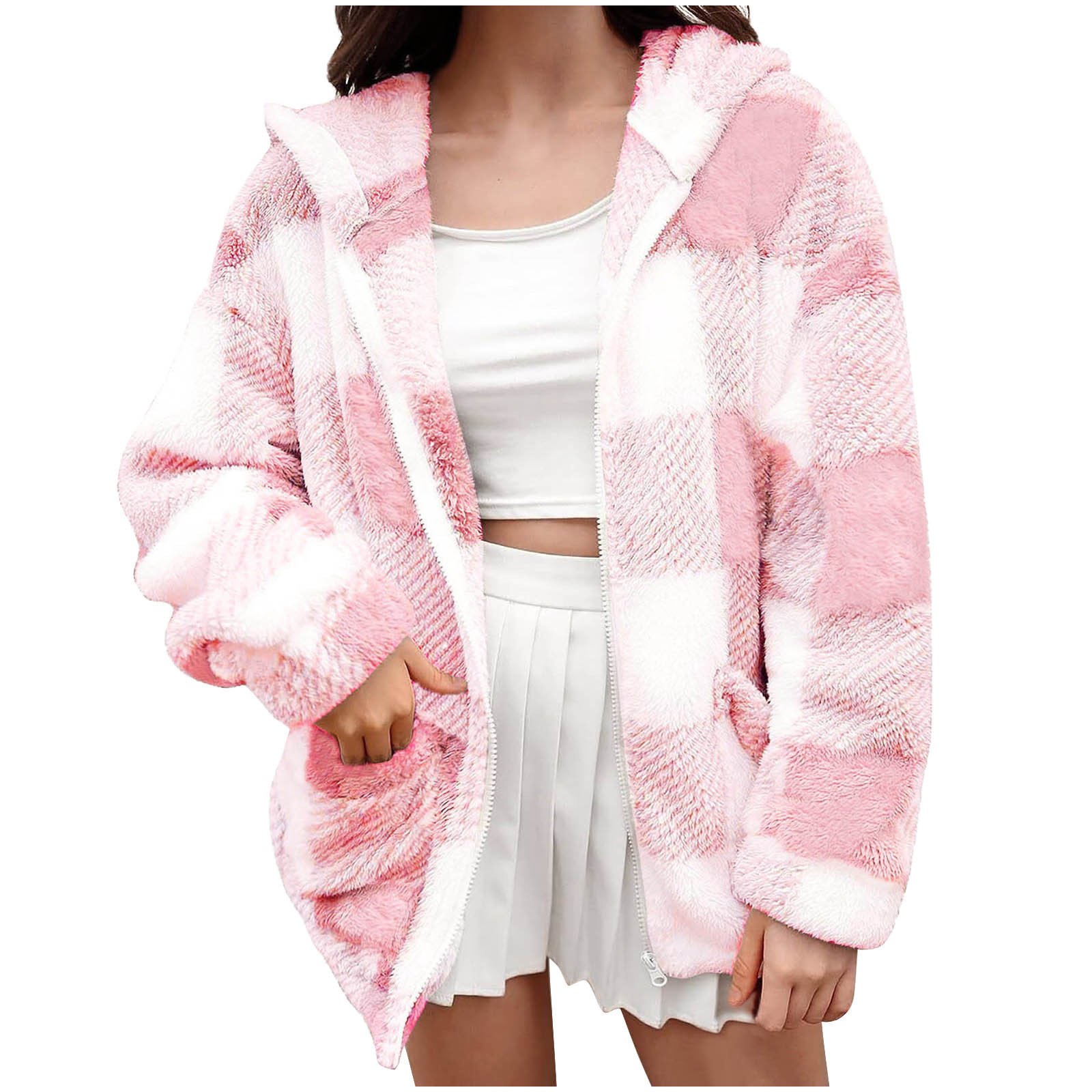 Womens Plaid Loose-fit Casual Long-sleeve Hooded Jacket - Image 6