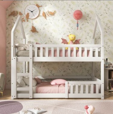 Bunk Bed, Twin Sleeper Bed With Ladder, Solid Wood Frame 3FT Single Bed, Gaming Bed, Castle-shaped Bed 90 X 190 Cm Children's Bed Room Furniture, Wooden Bed Frame For Kids Children White - Image 5