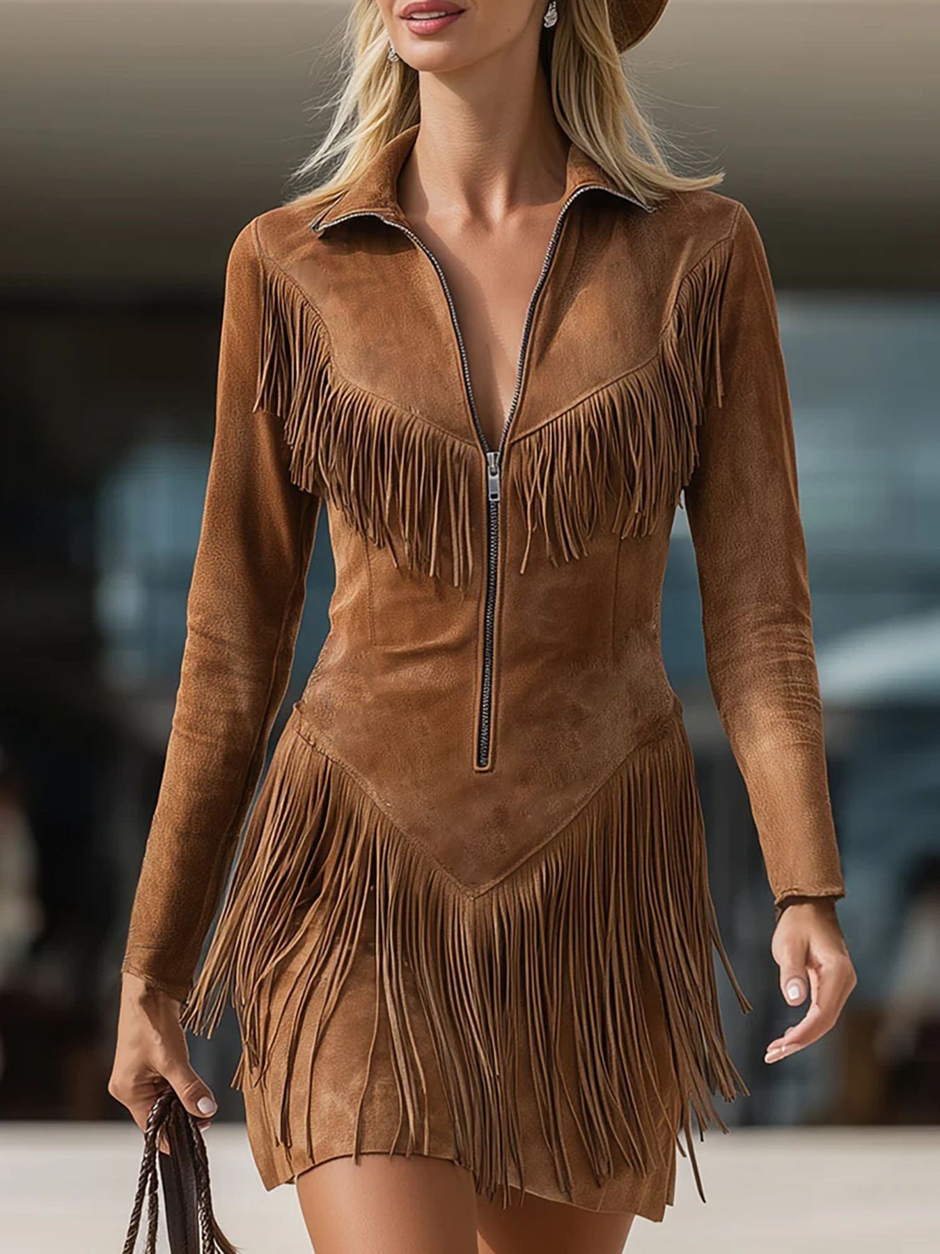 Long Sleeve Fringe Slim Western Cowboy Style Dress - Image 4