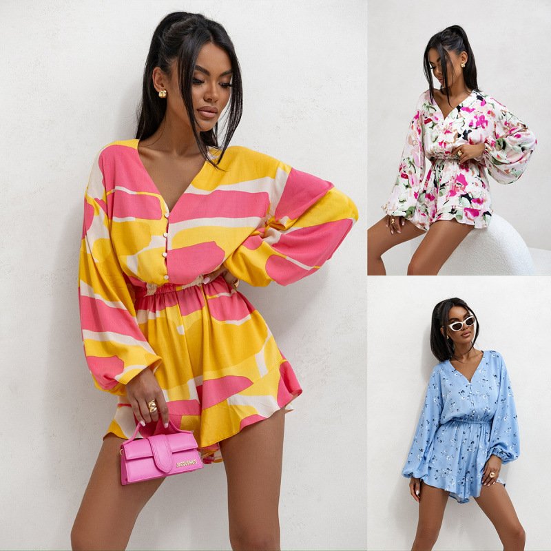 Printed V-neck Long Sleeve Jumpsuit