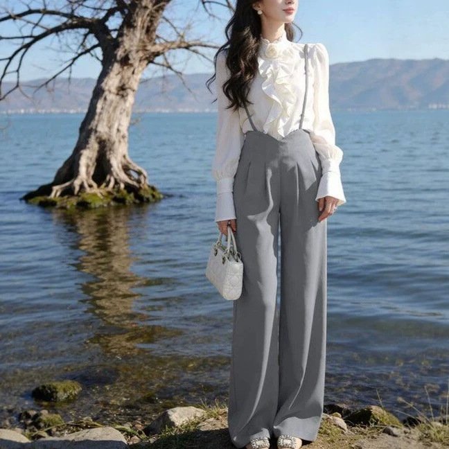 Ruffled Long-Sleeve Shirt And Suspender Pants Two-Piece Set - Image 6