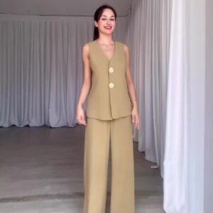 Womens Elegant Solid-color V-neck Sleeveless Vest And Wide-leg Pants Set