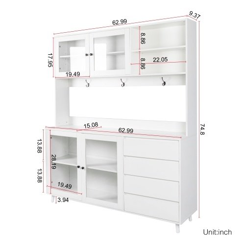 63W Large Kitchen Hutch Cabinet, Freestanding Pantry Cabinets Storage Kitchen Cupboard With 4 Doors, 4 Drawers & Microwave Shelf, White - Image 3