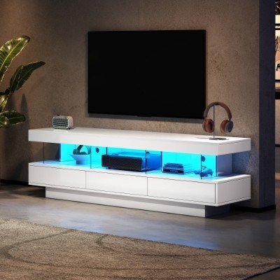 TV Stand Cabinet High Gloss TV Stand Unit With LED Lights 160CM, 3 Drawers, 3 Open Storage Space, For Bedroom Living Room Home Furniture - Image 2