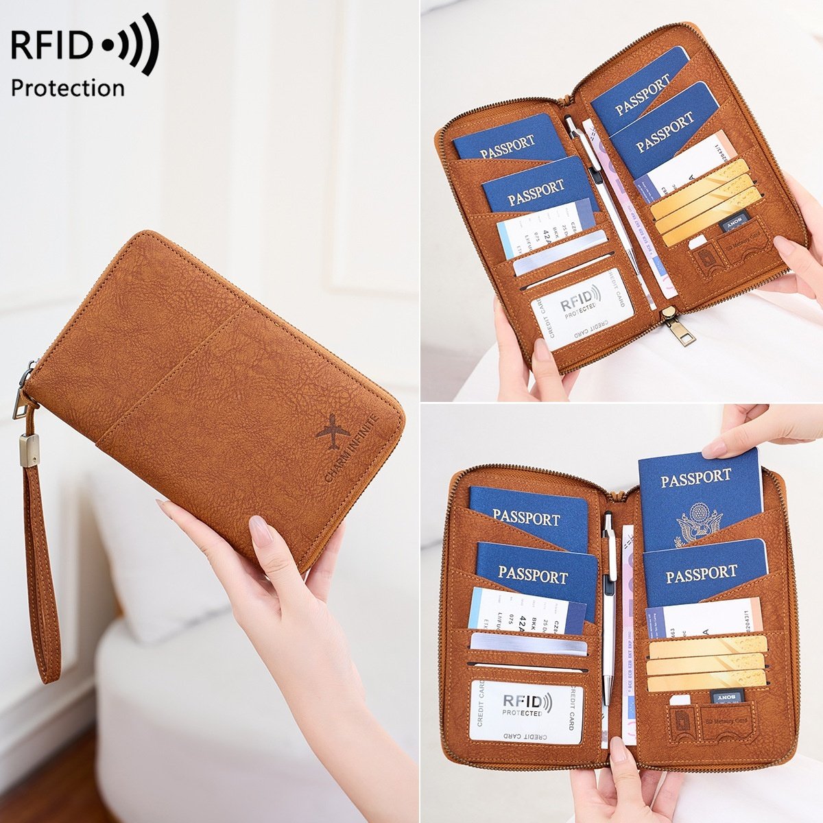 Cross-border RFID-blocking Passport Holder Long-style Zippered Passport Case Multi-functional Travel Document And Ticket Organizer - Image 7