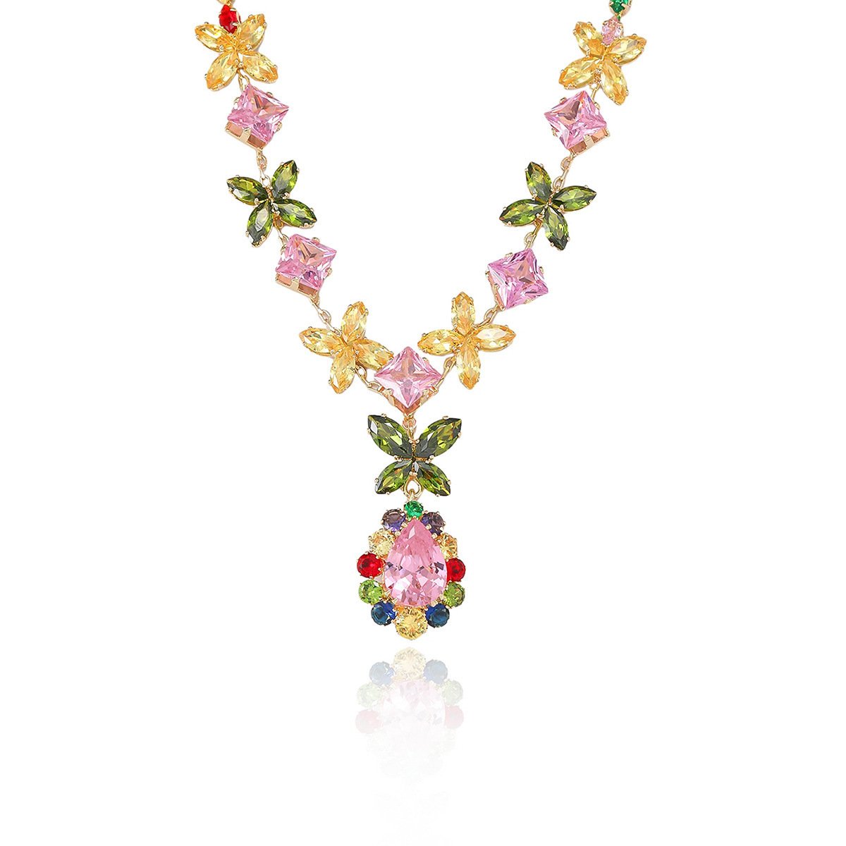European And American Cross-Border Dress Accessories With Necklace Set, Light Luxury Pink Zircon Earrings And Necklace Two-Piece Jewelry Set - Image 6