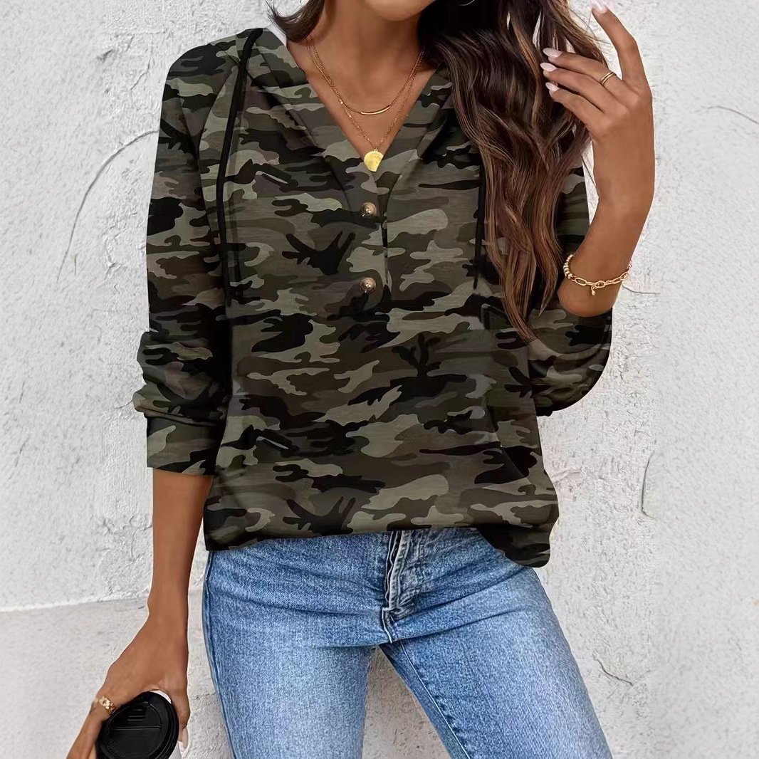 American-style Retro Camouflage Buttoned-corduroy Long-sleeve Hoodie - Image 5