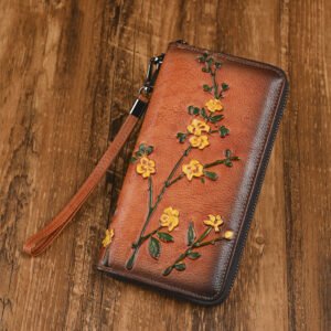 Genuine Leather Women's Long Wallet - Vintage Embossed Clutch Purse with Card Slots - European Style Handbag for Daily Use