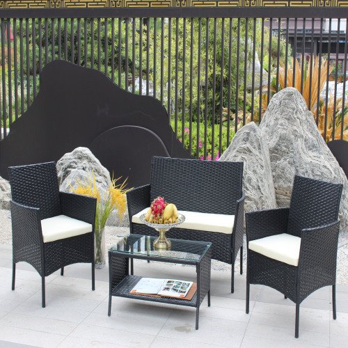4 PC Rattan Patio Furniture Set Outdoor Patio Cushioned Seat Wicker Sofa Beige Cushion - Image 9