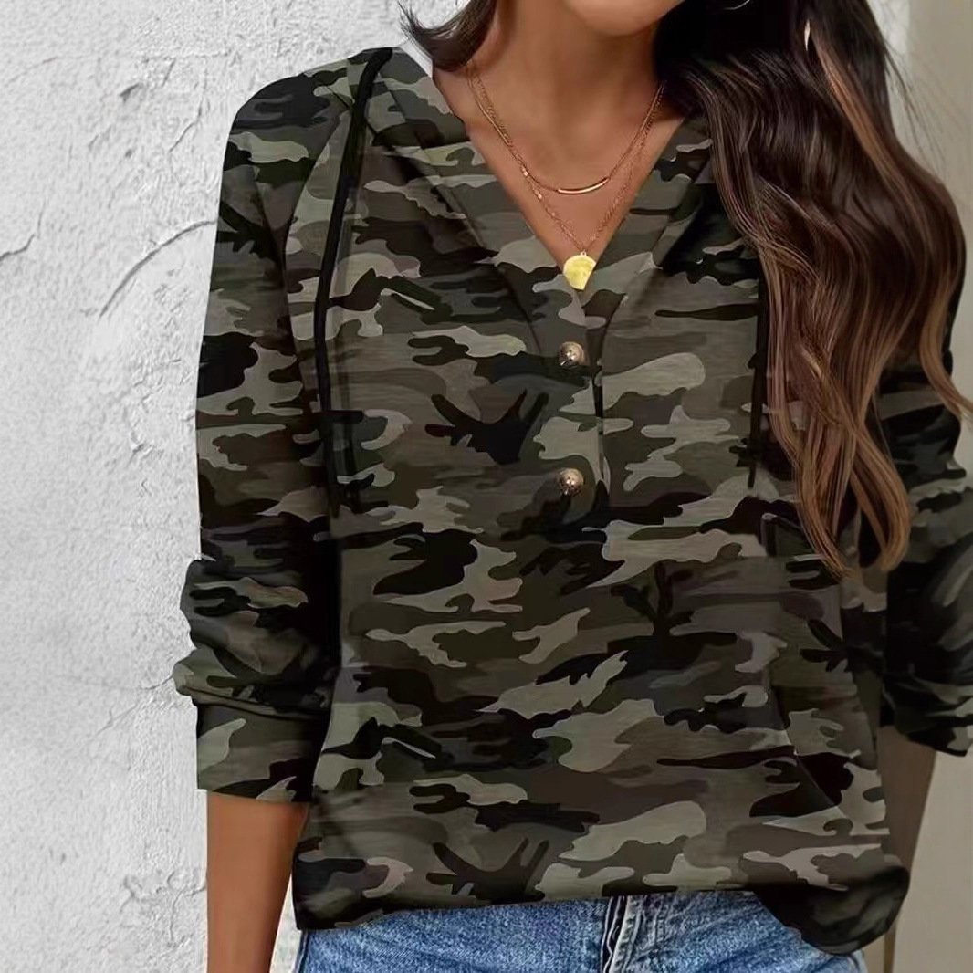 American-style Retro Camouflage Buttoned-corduroy Long-sleeve Hoodie - Image 3