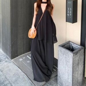 V-neck Halter-Neck Vest And Wide-Leg Pants Two-Piece Set