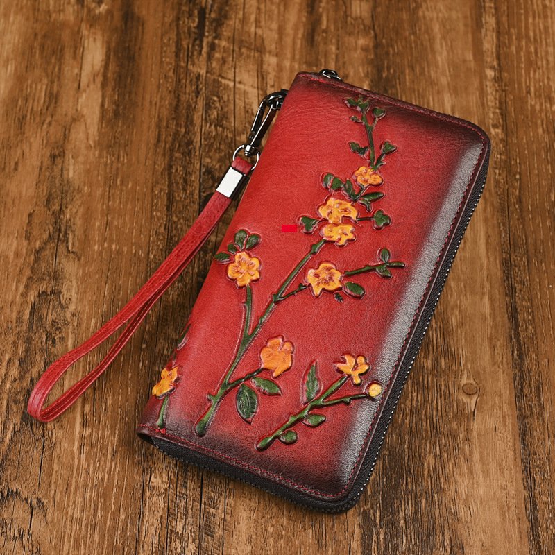 Genuine Leather Women's Long Wallet - Vintage Embossed Clutch Purse with Card Slots - European Style Handbag for Daily Use - Image 3