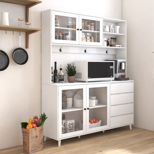 63W Large Kitchen Hutch Cabinet, Freestanding Pantry Cabinets Storage Kitchen Cupboard With 4 Doors, 4 Drawers & Microwave Shelf, White - Image 8