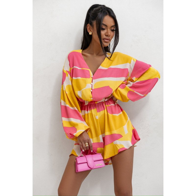 Printed V-neck Long Sleeve Jumpsuit - Image 2