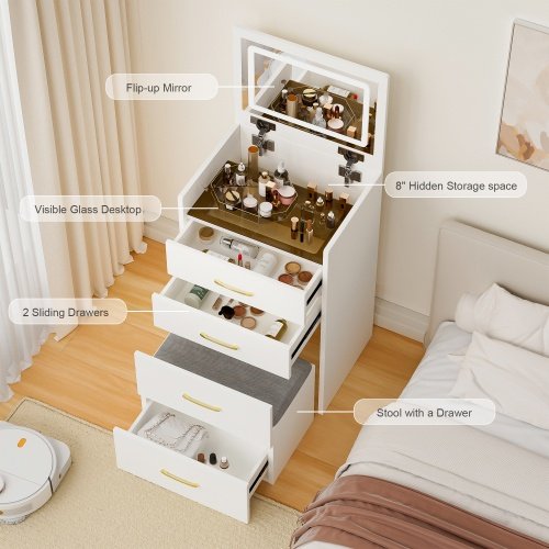 3 In 1 Vanity Desk With Open Top Mirror,Small Make Up Vanity Set With Visible Glass Desktop,Compact Makeup Vanity With 3 Drawers,Dressing Table For Bedroom - Image 10