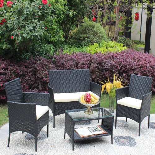 4 PC Rattan Patio Furniture Set Outdoor Patio Cushioned Seat Wicker Sofa Beige Cushion - Image 7