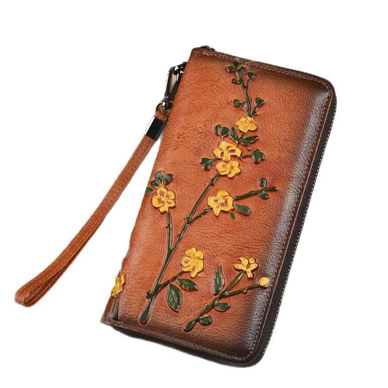 Genuine Leather Women's Long Wallet - Vintage Embossed Clutch Purse with Card Slots - European Style Handbag for Daily Use - Image 5