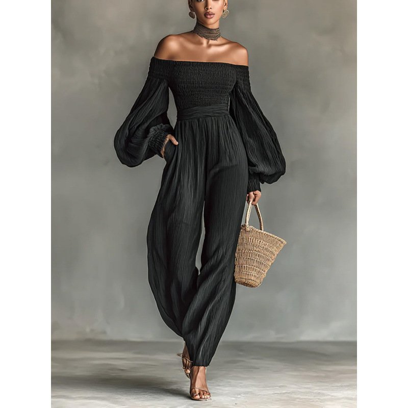Women's Off-shoulder Long-sleeve Pleated Jumpsuit - Image 7