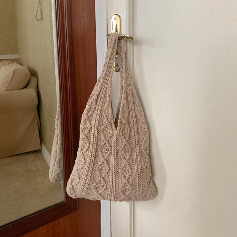 GWomen Shoulder Bags Portable Retro Hollow Knitted Woolen Yarn Bag Shoulder Tote Bag Solid Color Crochet Bag Large Capacity Shopping Tote Bags - Image 9
