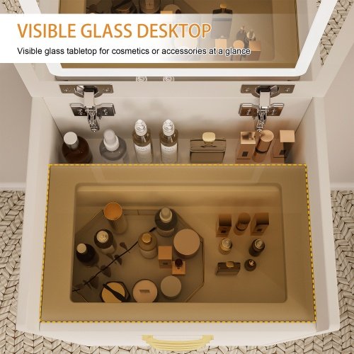 3 In 1 Vanity Desk With Open Top Mirror,Small Make Up Vanity Set With Visible Glass Desktop,Compact Makeup Vanity With 3 Drawers,Dressing Table For Bedroom - Image 8