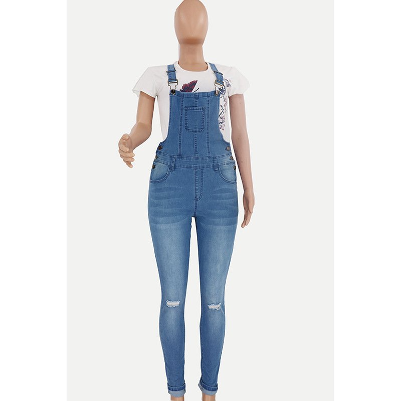 Women's Ripped Denim Overalls - Image 4
