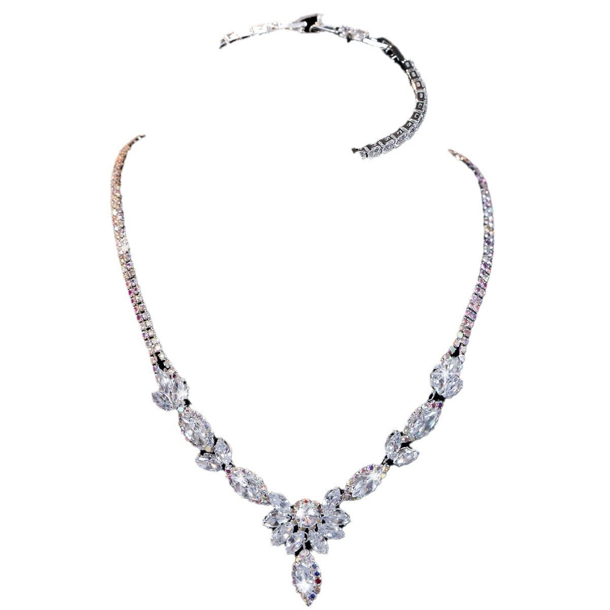 Silver Floral Leaf Cubic Zirconia 3Pcs Jewelry Set, Delicate V Necklace Long Drop Earrings Bracelet, Elegant Bridal Evening Party Accessories For European Spanish Women - Image 4